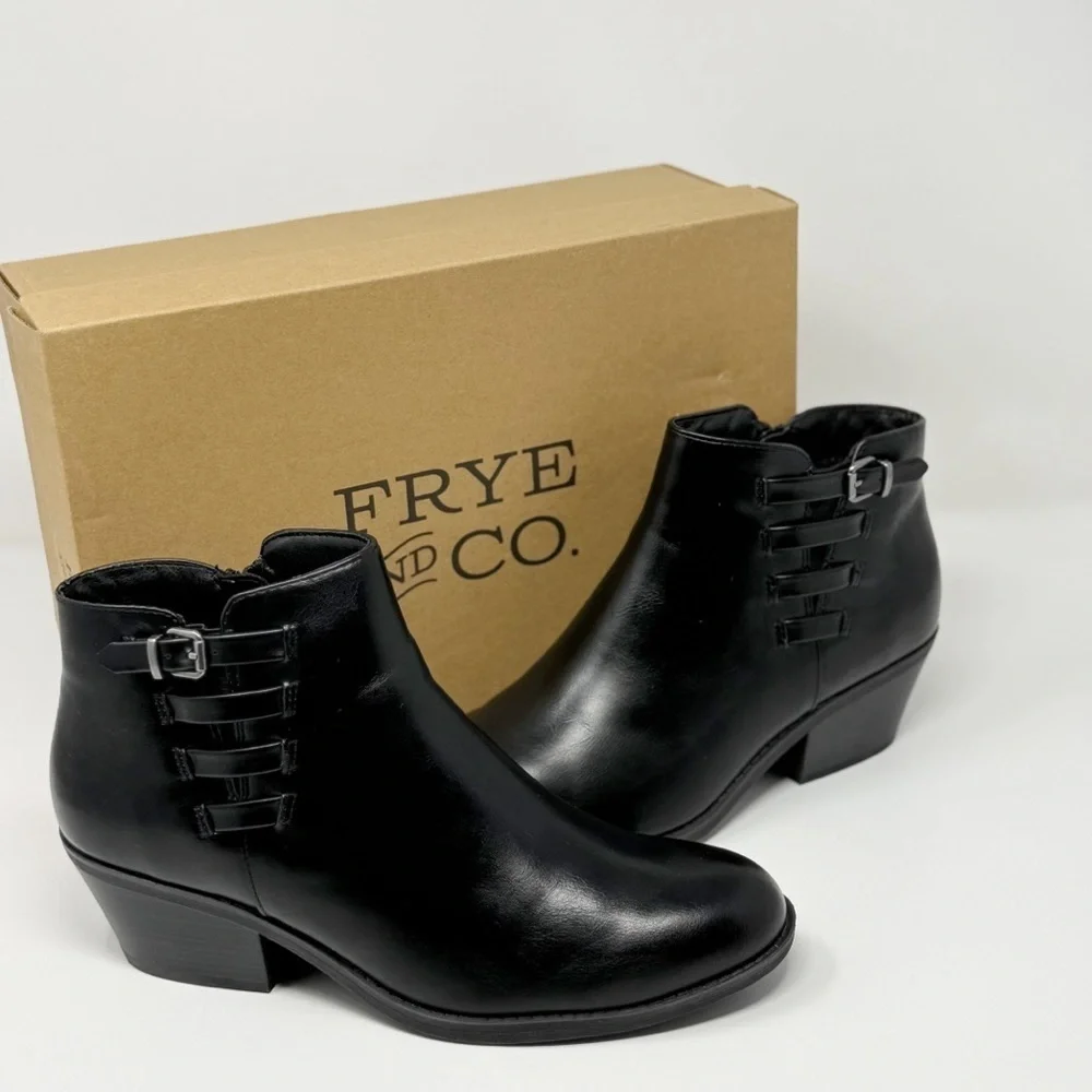 Frye & Co Boden Black Ankle Booties Women’s 9M Block Heel Side Zip Buckle Boots